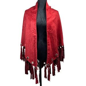 Red Faux Suede Fringe Grommet Shawl Wrap Cape steampunk gothic boho layering